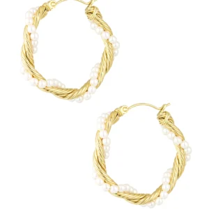 Goldene Creolen „Pearl Swirl Hoops“ mit gedrehtem Design und Perlen – Edelstahl mit PVD-Beschichtung